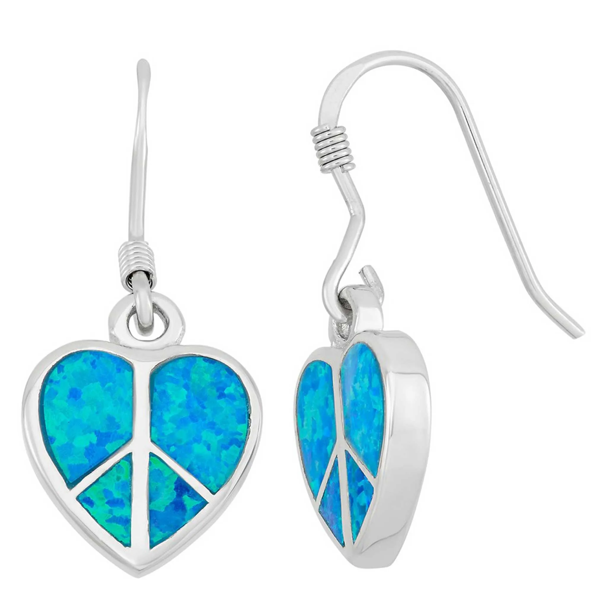 Classic Jewelry Women's Earrings - Sterling Silver Blue Inlay Opal Peace Sign Heart | D-3874