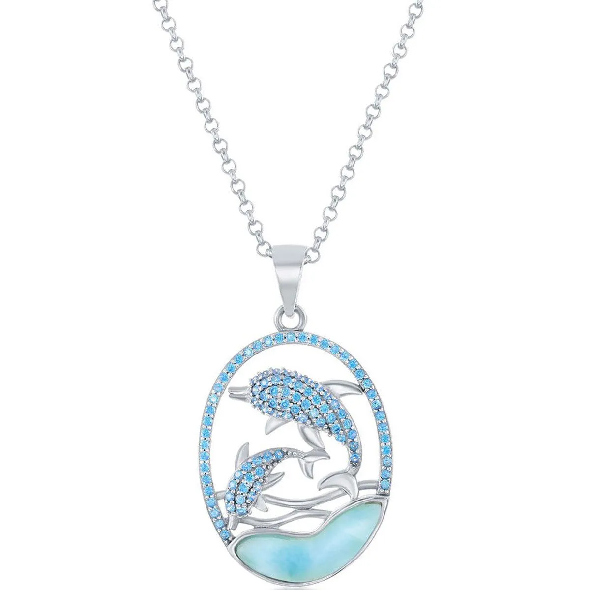 Classic Jewelry Women's Pendant - Silver Blue CZ Dolphins and Larimar | K-8294