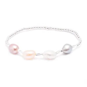 Crystals & Beaded Jewellery Elastic Bracelet  - Mixed Coloured Pearls and Silver Beads