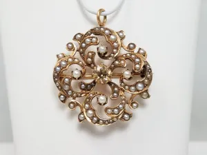Early 1900's 14k Yellow Gold Diamond Pearl Pendant/Brooch