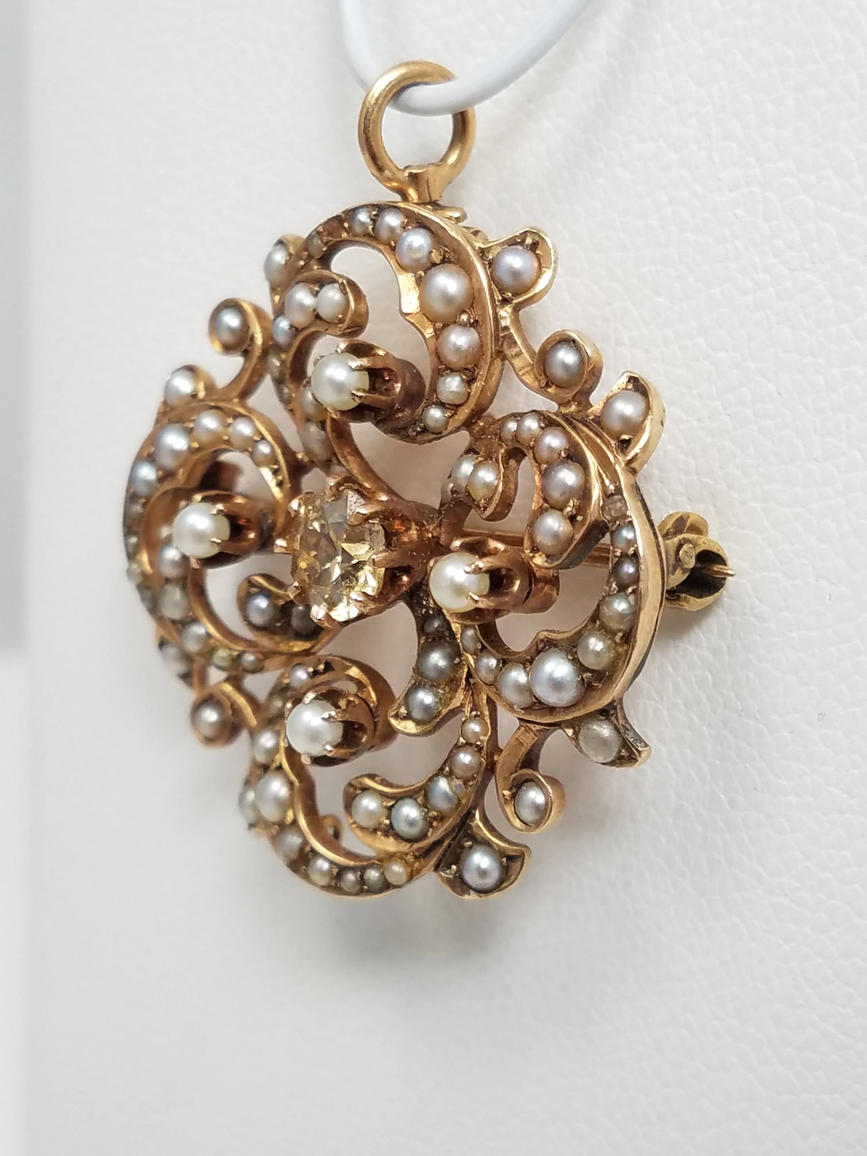 Early 1900's 14k Yellow Gold Diamond Pearl Pendant/Brooch