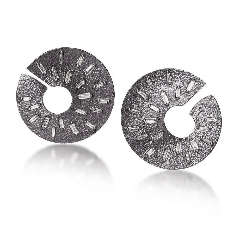 Elizabeth Garvin Diamond Baguette Ice Spiral Oxidized Silver Earrings