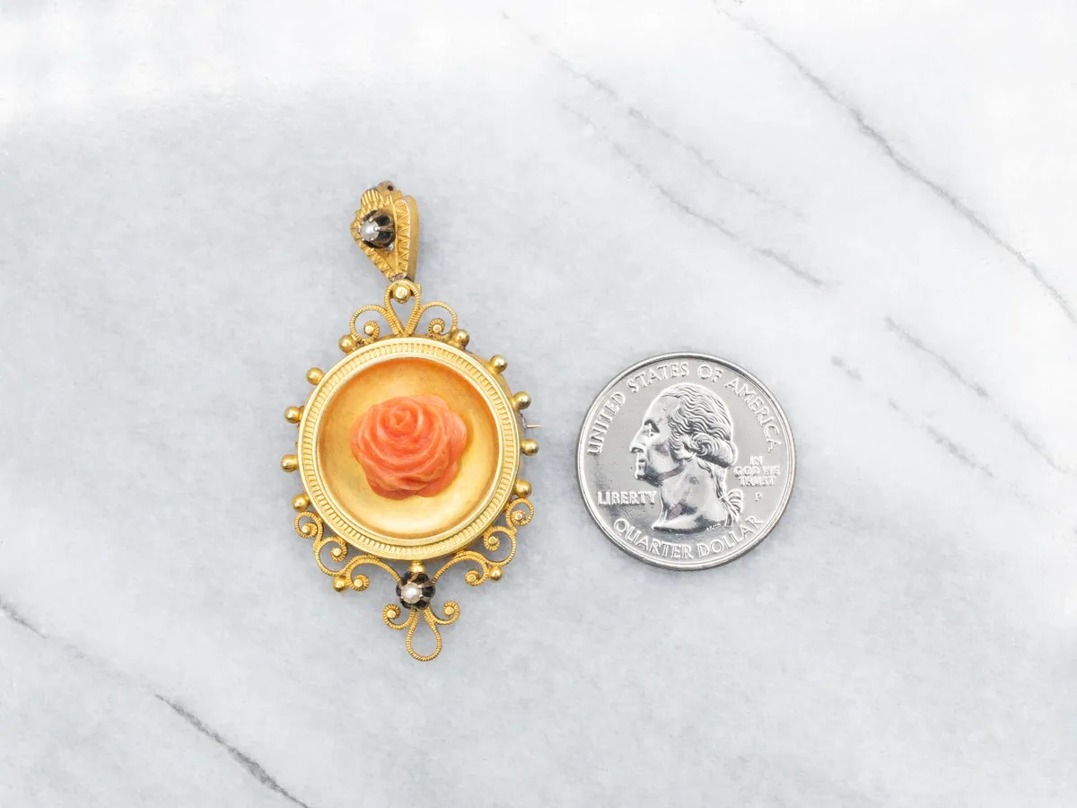 Etruscan Revival Coral Rose and Seed Pearl Pendant or Brooch