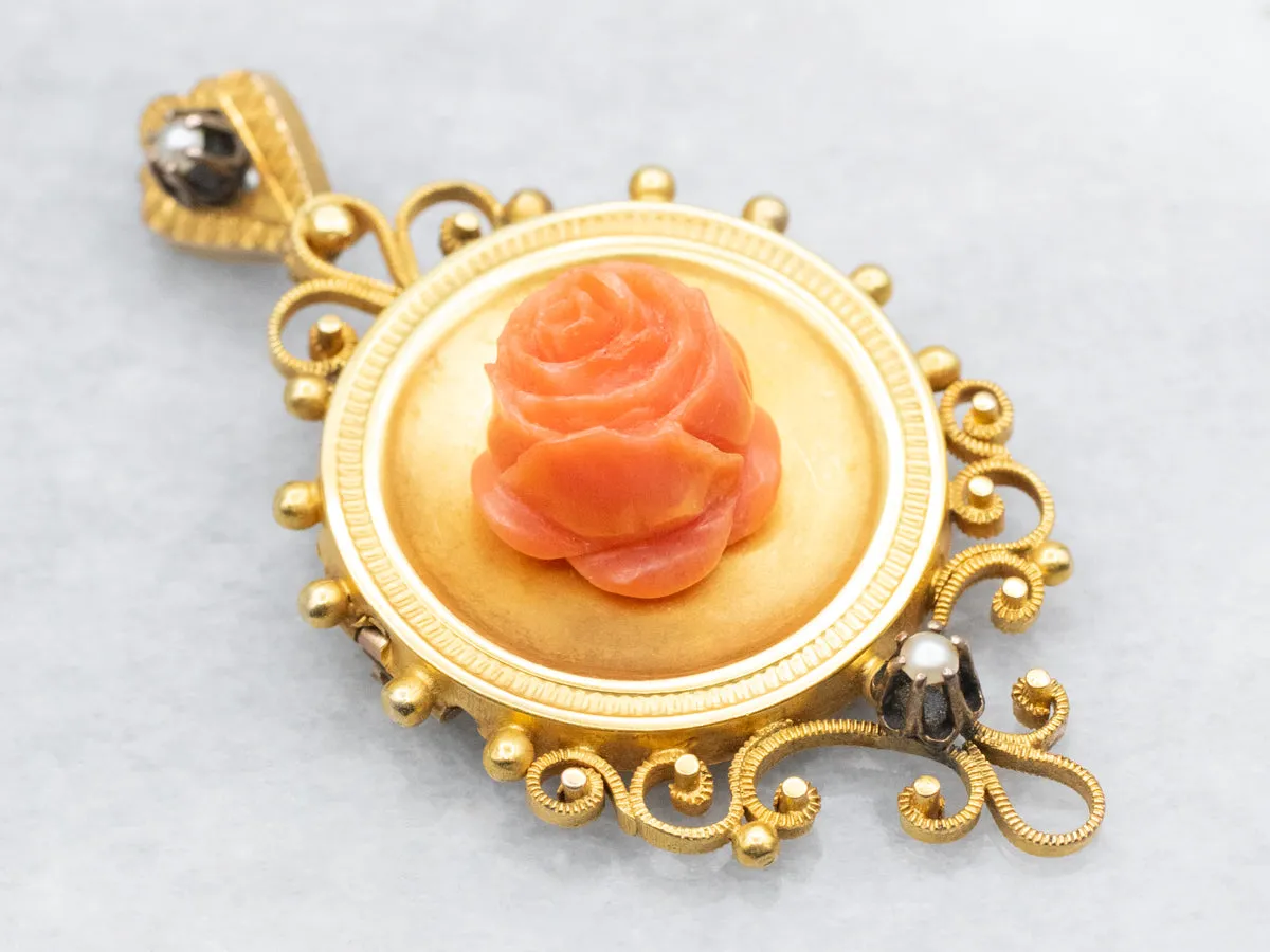 Etruscan Revival Coral Rose and Seed Pearl Pendant or Brooch