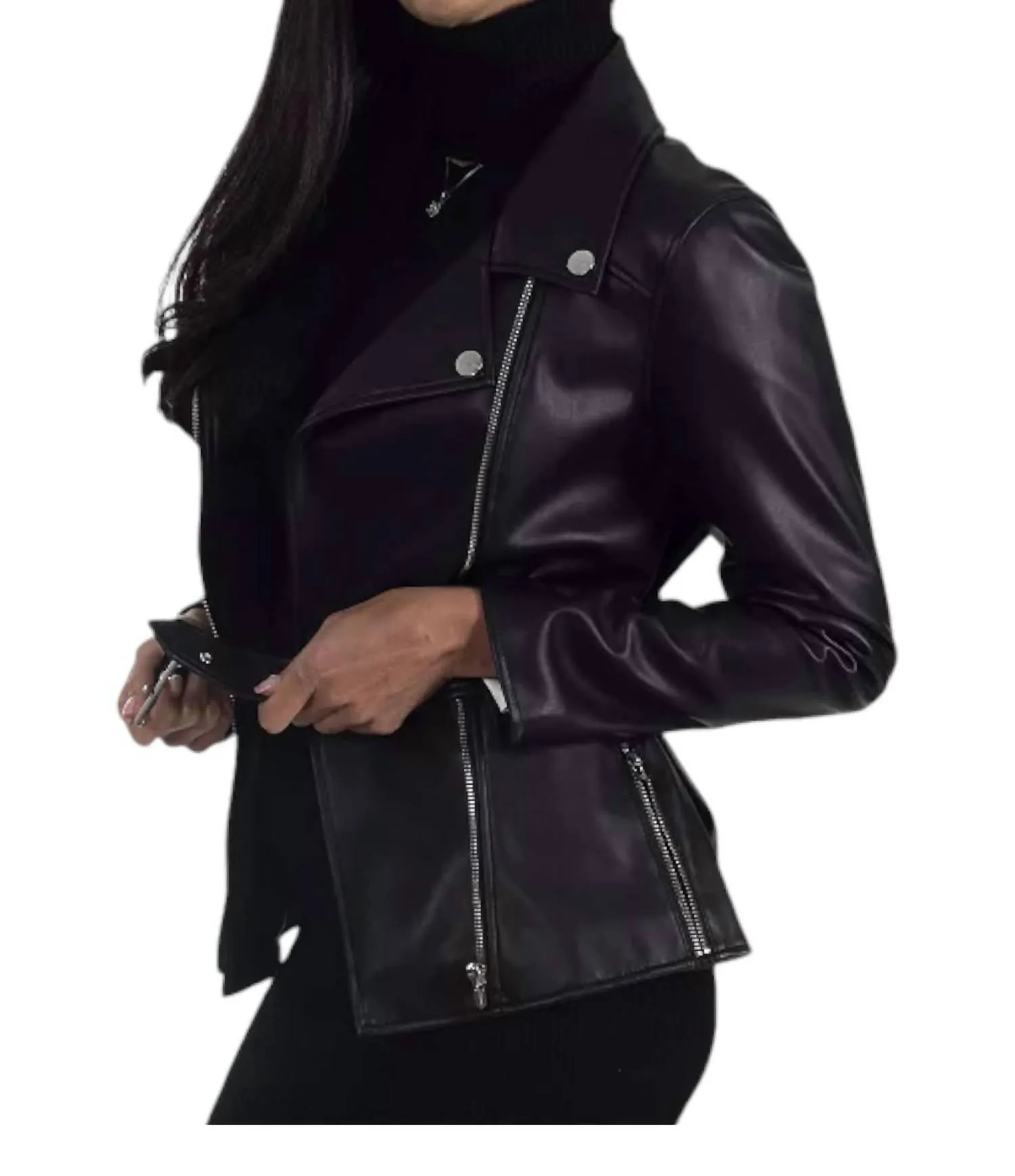 Faux Leather With Belt Biker Jacket In Black