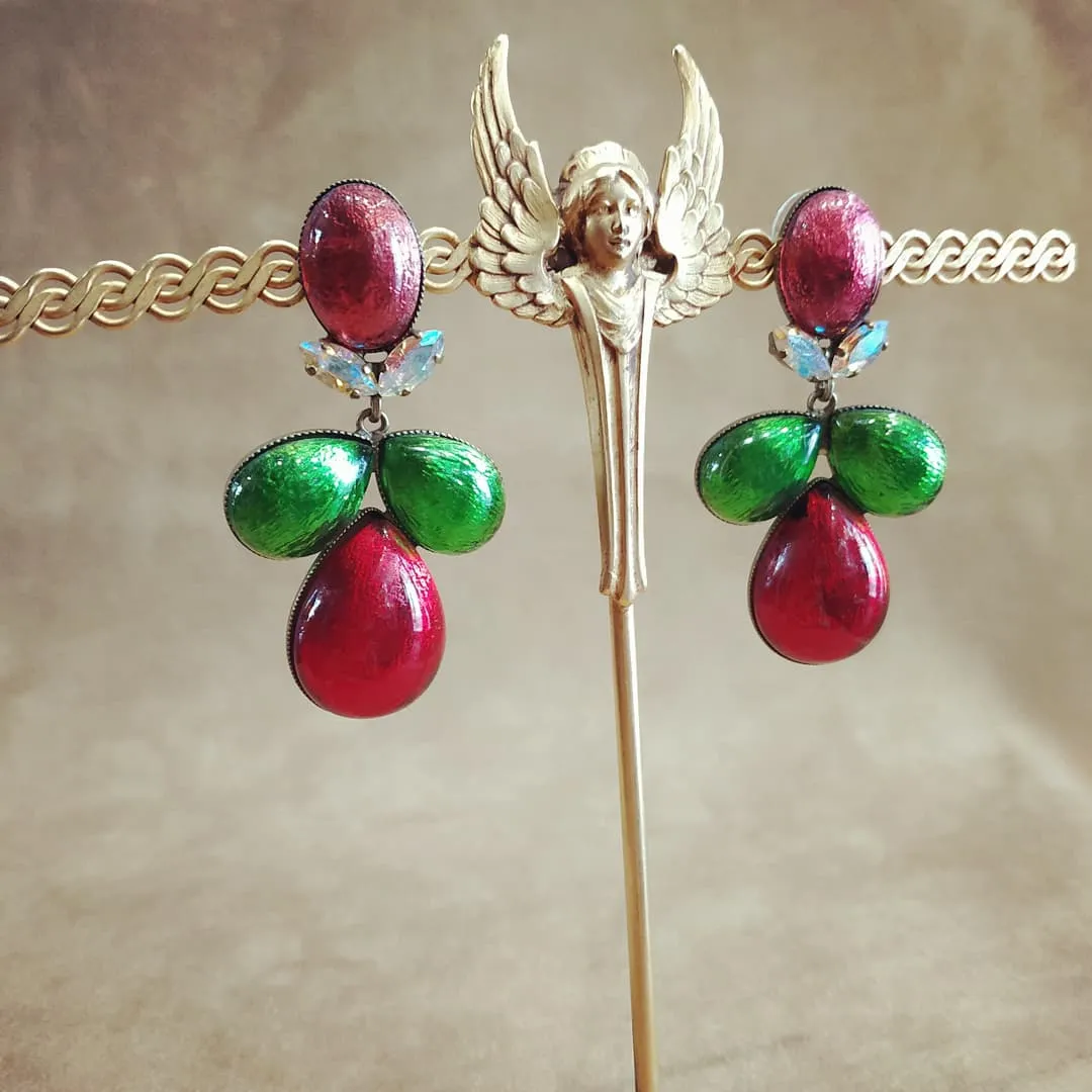 Foiled glass Red, green statement earrings by Frangos