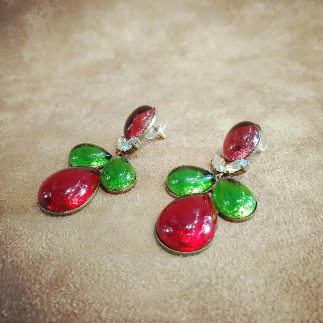 Foiled glass Red, green statement earrings by Frangos