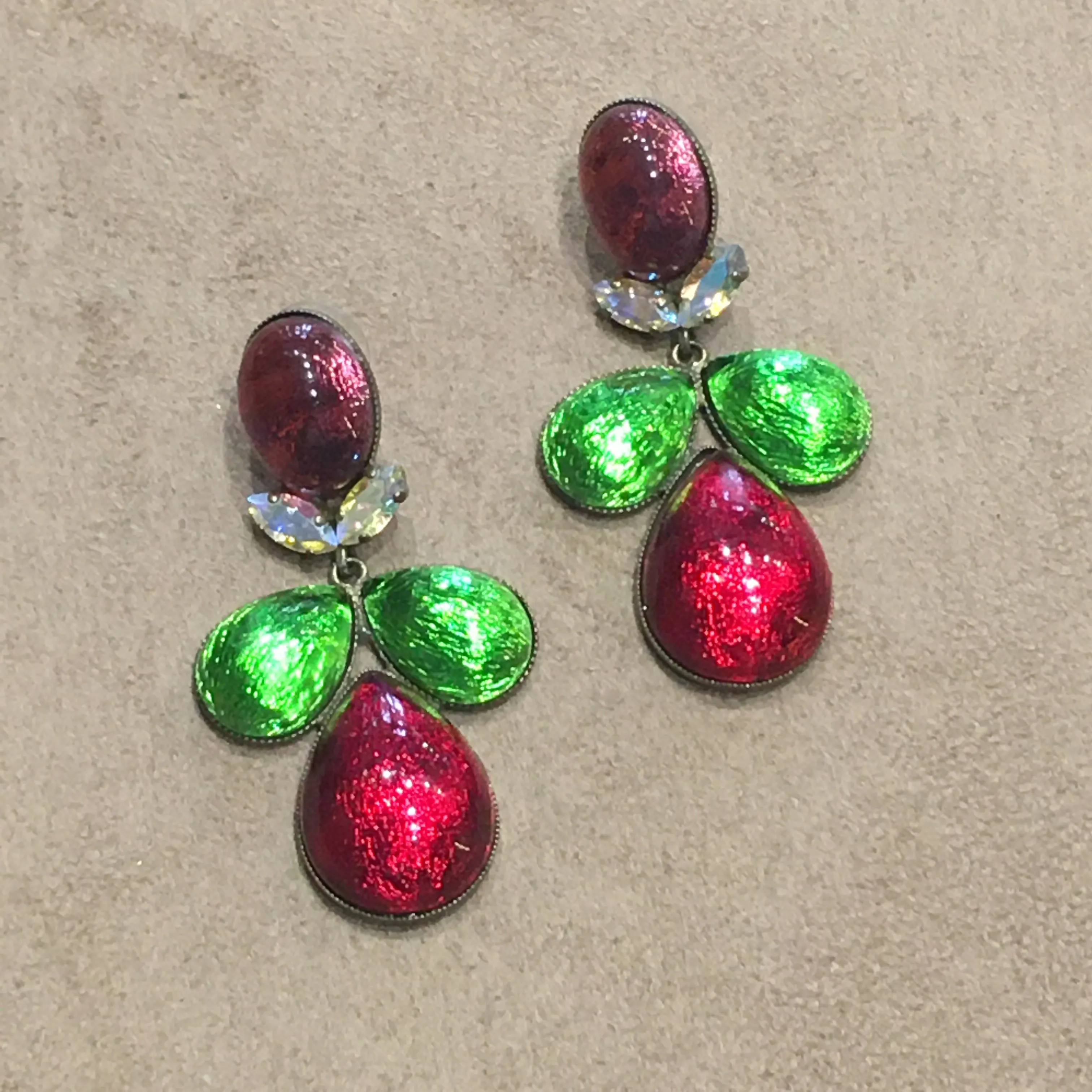 Foiled glass Red, green statement earrings by Frangos