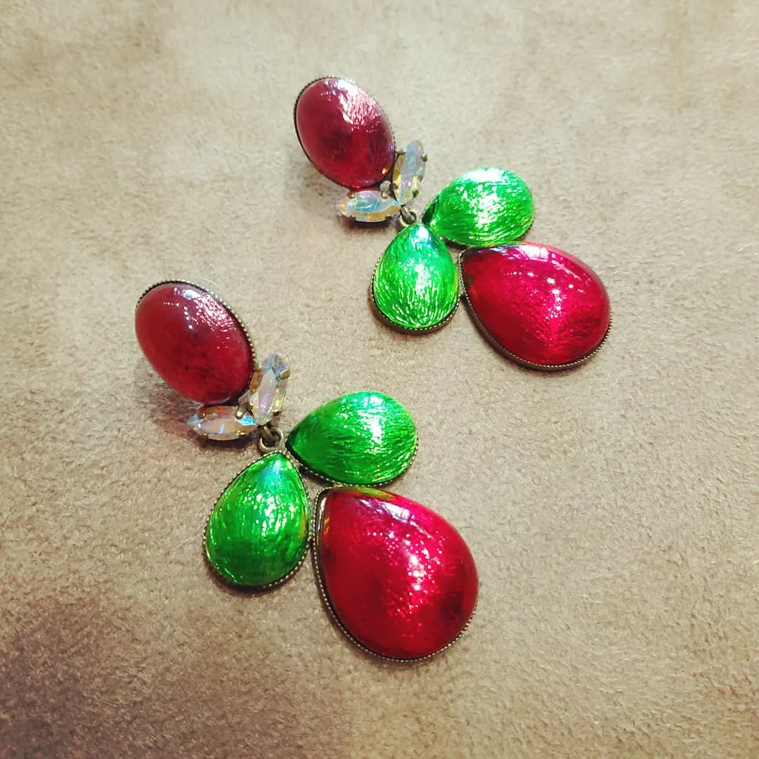 Foiled glass Red, green statement earrings by Frangos