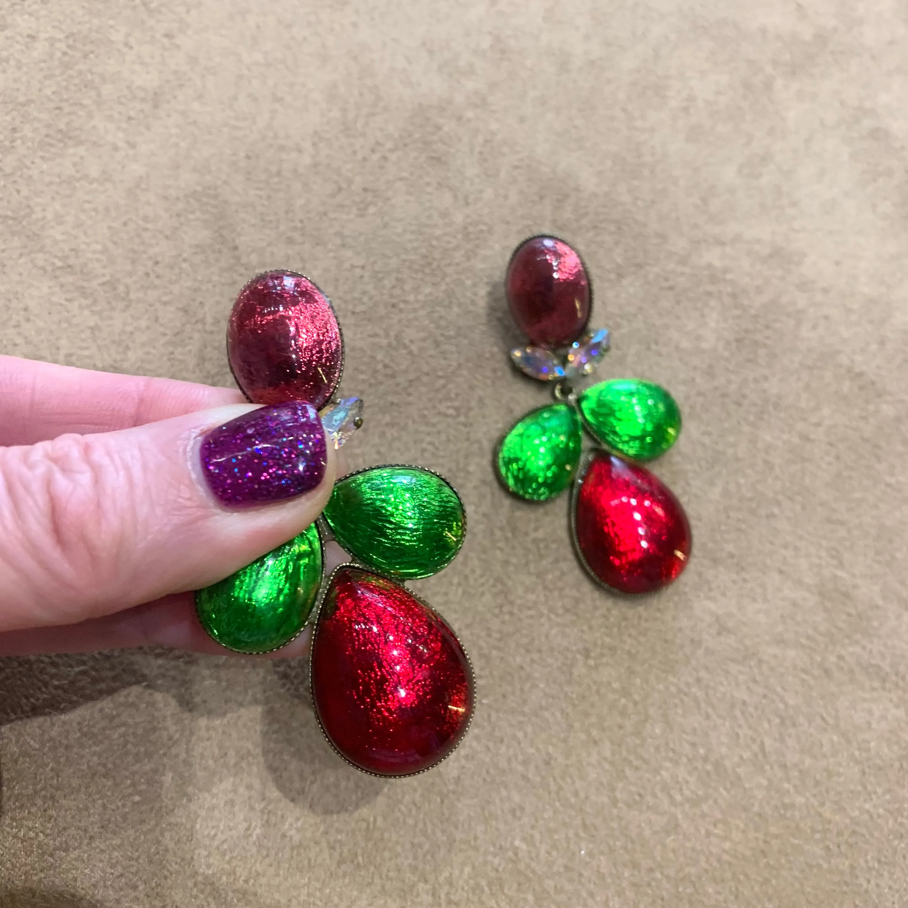 Foiled glass Red, green statement earrings by Frangos