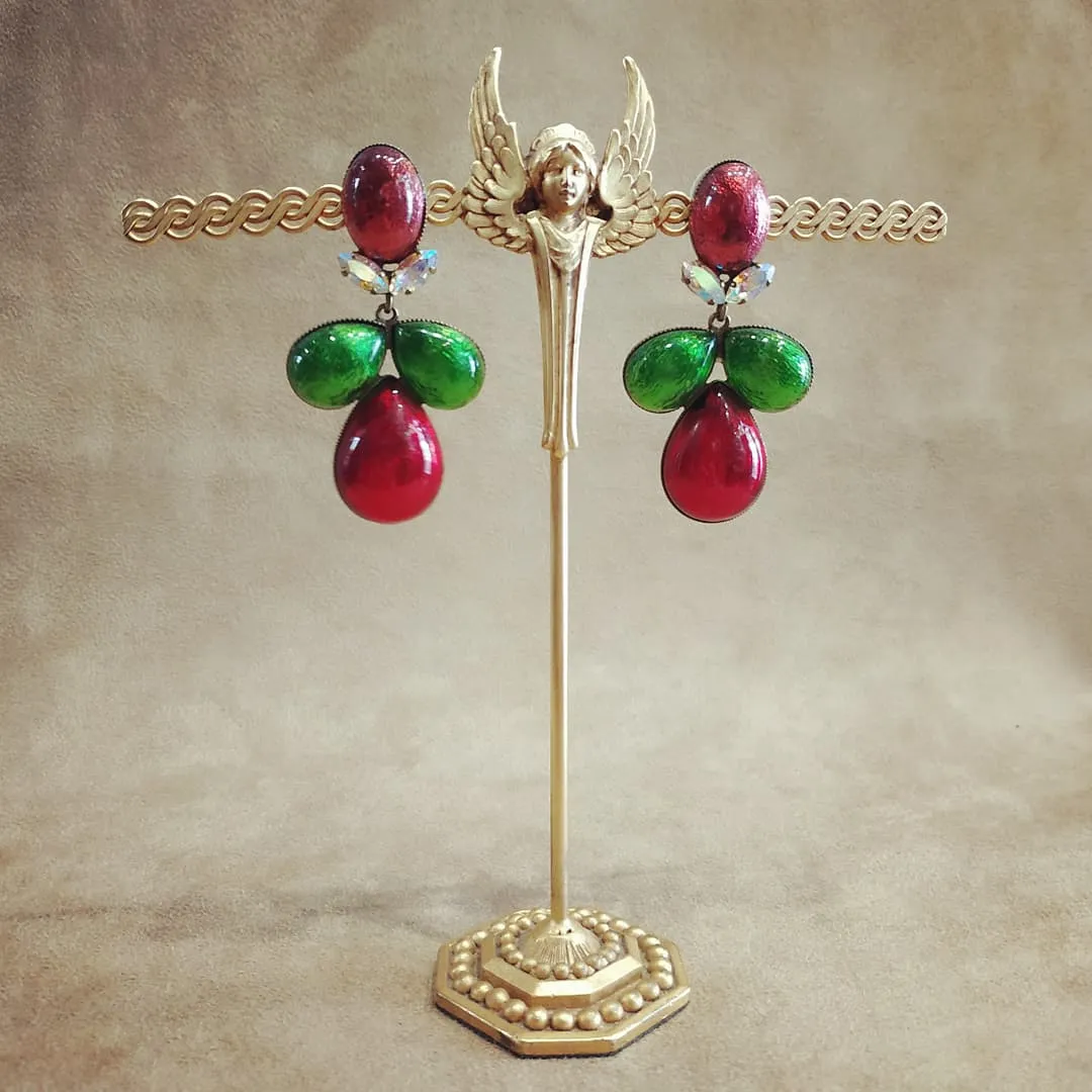 Foiled glass Red, green statement earrings by Frangos