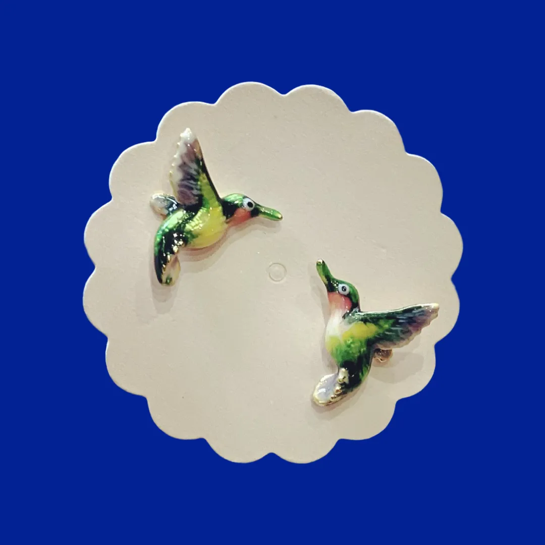 Hummingbird stud earrings by Bill Skinner in Enamel gold plated