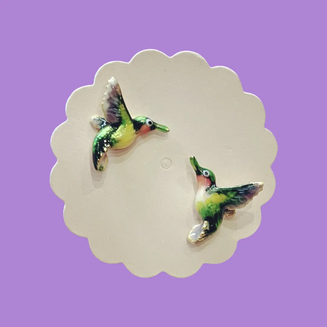 Hummingbird stud earrings by Bill Skinner in Enamel gold plated