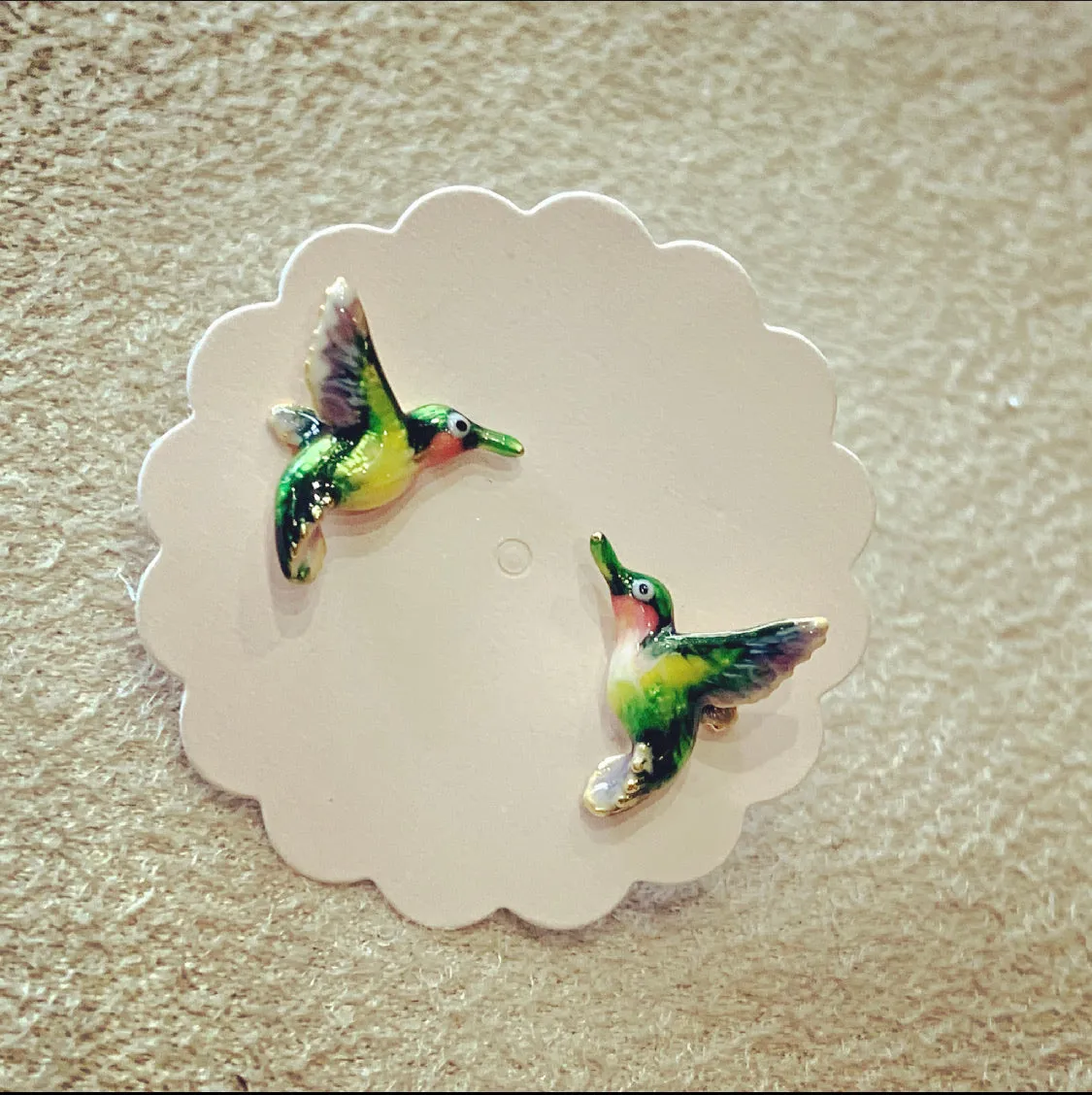 Hummingbird stud earrings by Bill Skinner in Enamel gold plated