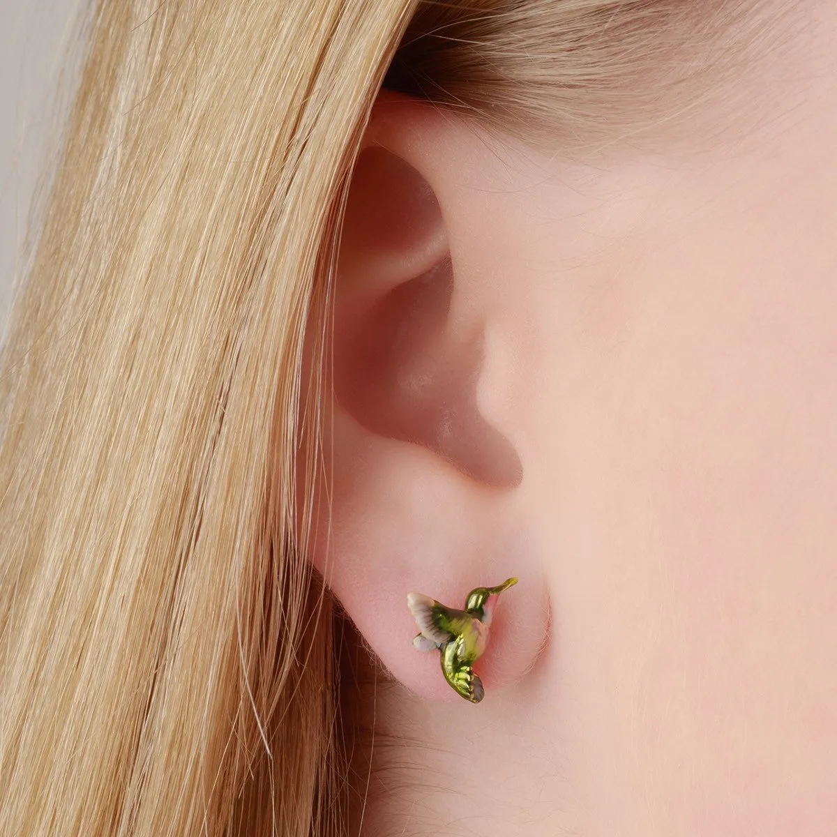 Hummingbird stud earrings by Bill Skinner in Enamel gold plated