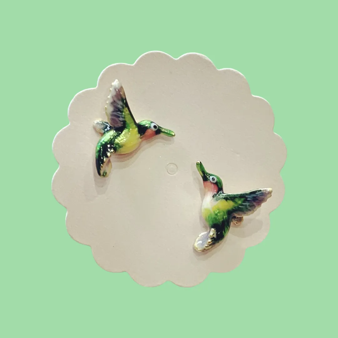 Hummingbird stud earrings by Bill Skinner in Enamel gold plated