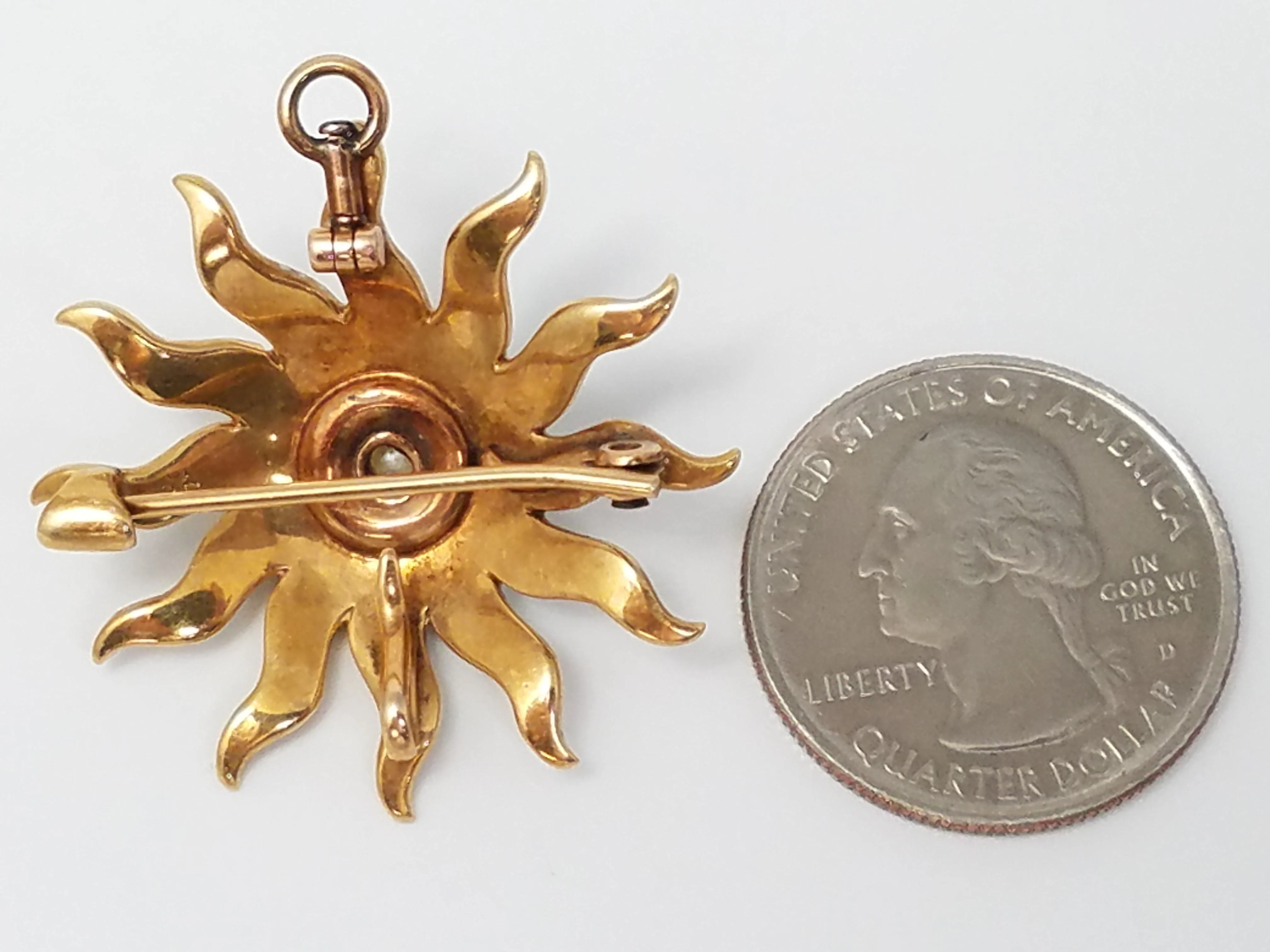 Intricate Victorian 14k Yellow Gold Cultured Pearl Starburst Brooch Pendant