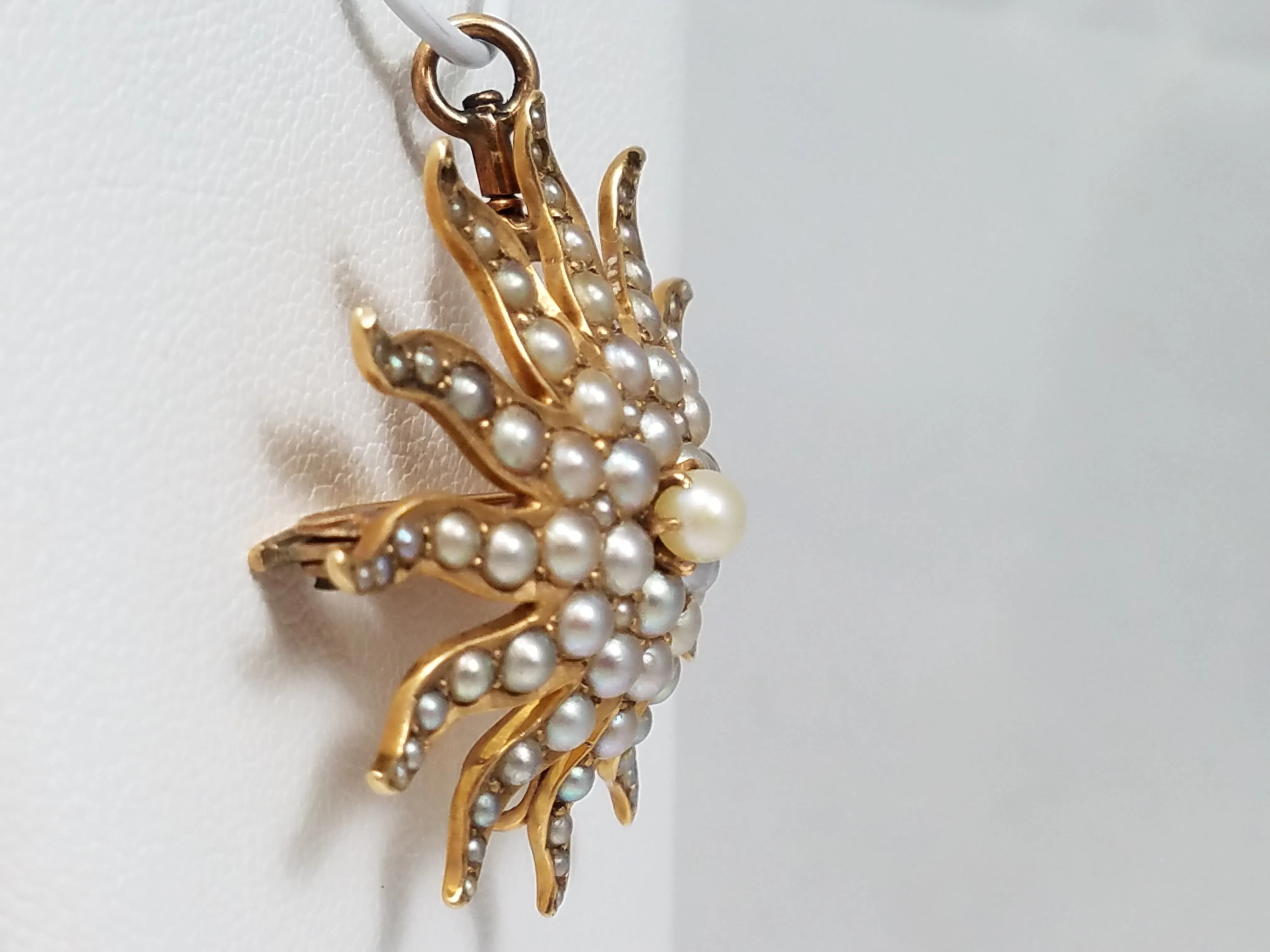 Intricate Victorian 14k Yellow Gold Cultured Pearl Starburst Brooch Pendant
