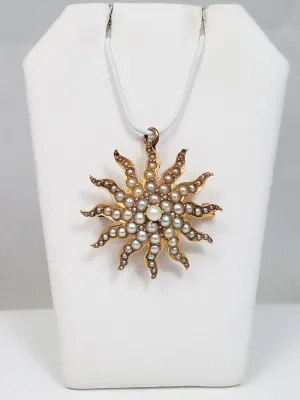 Intricate Victorian 14k Yellow Gold Cultured Pearl Starburst Brooch Pendant