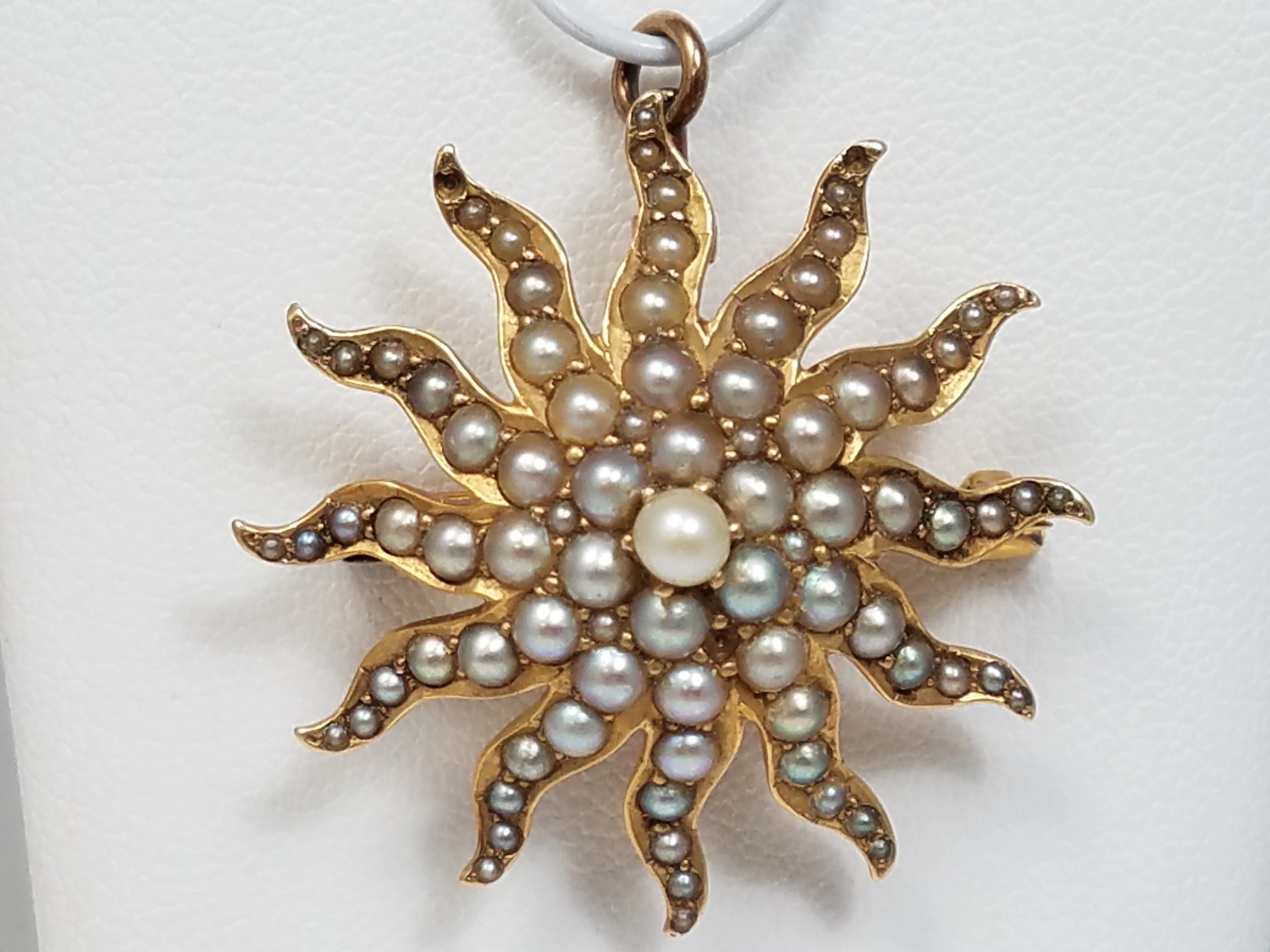 Intricate Victorian 14k Yellow Gold Cultured Pearl Starburst Brooch Pendant