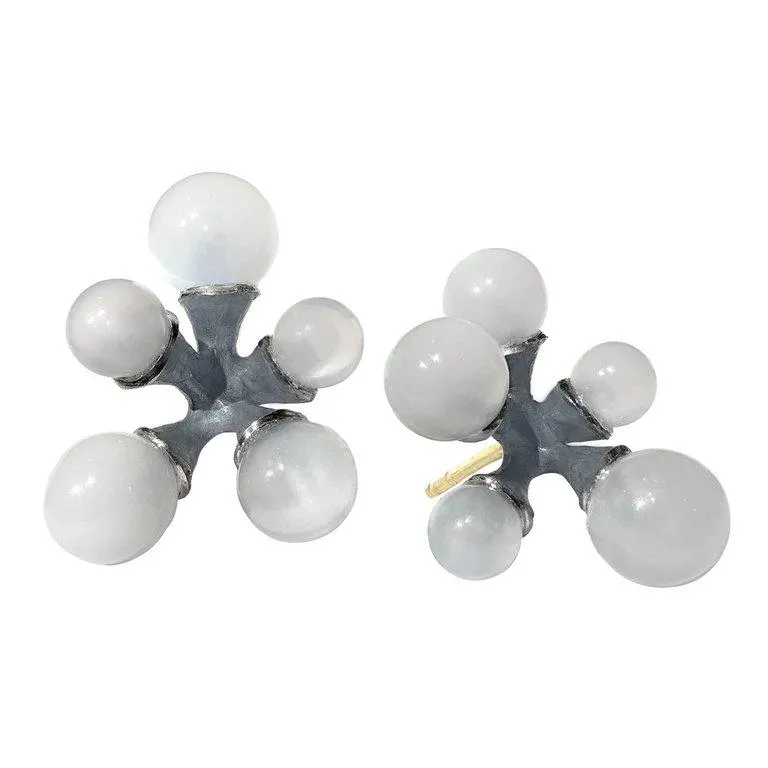 John Iversen Glowing White Moonstone Oxidized Silver Jack Stud Earrings