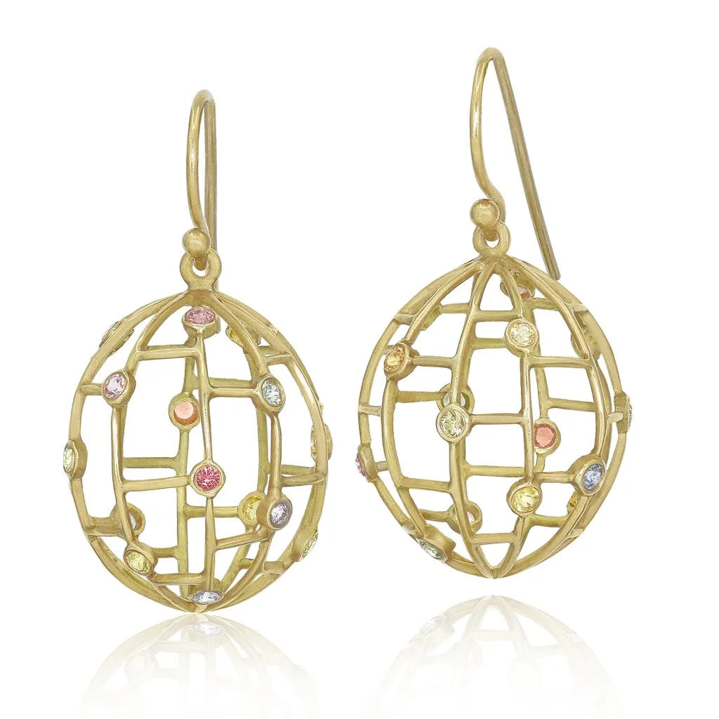 Kothari Pastel Rainbow Sapphire Matte Gold Open Cage Drop Earrings