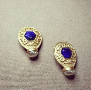 Lapis pearl Earrings by Rima Ariss Green Clip On Gold