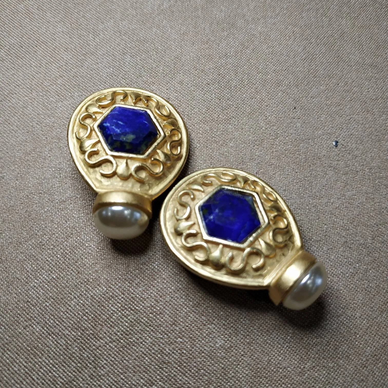 Lapis pearl Earrings by Rima Ariss Green Clip On Gold
