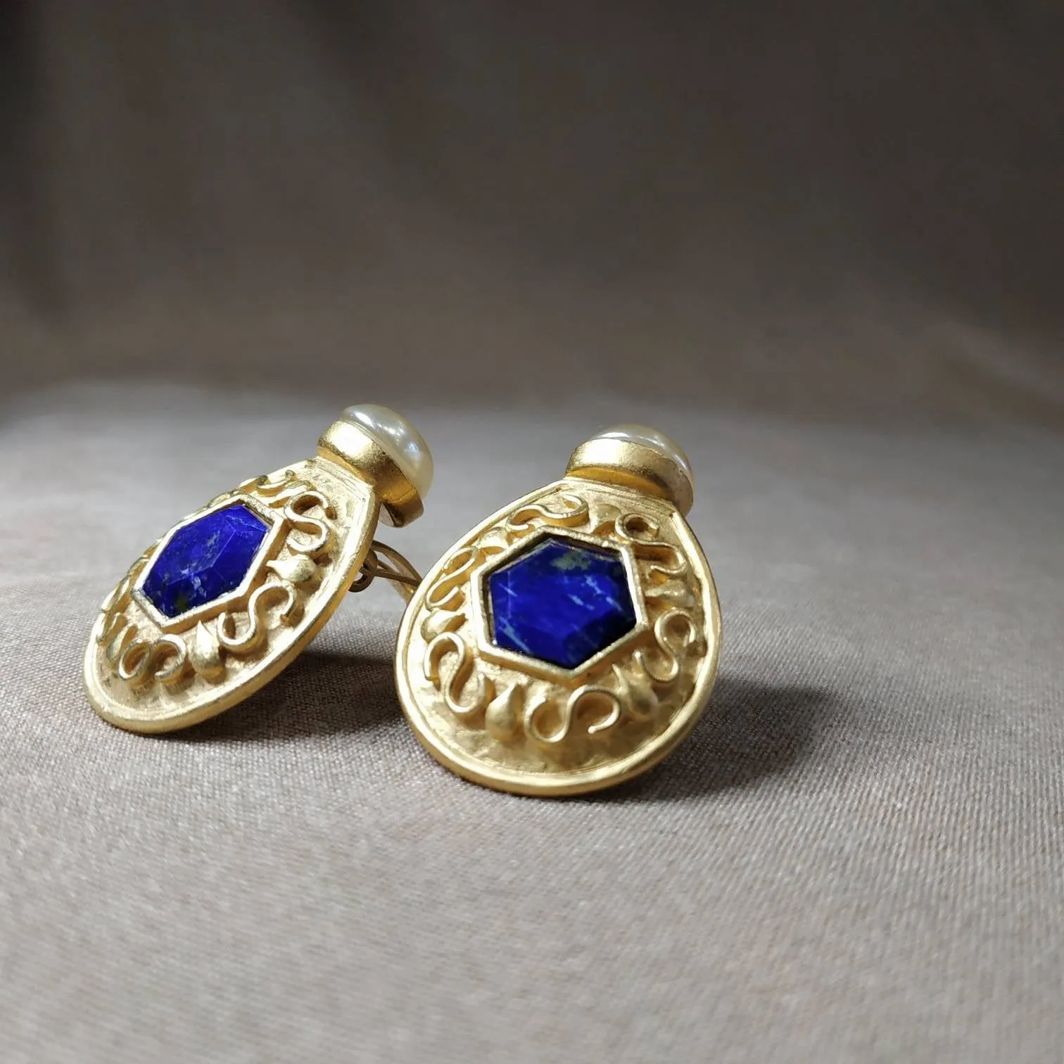 Lapis pearl Earrings by Rima Ariss Green Clip On Gold