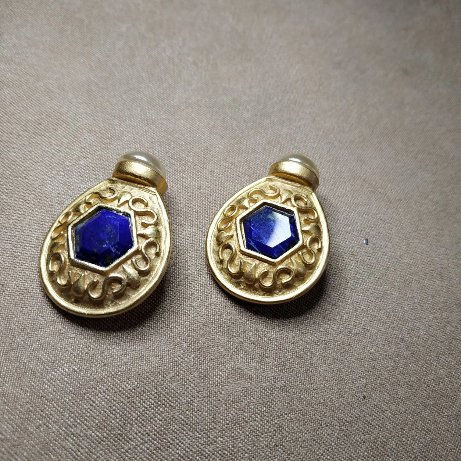 Lapis pearl Earrings by Rima Ariss Green Clip On Gold