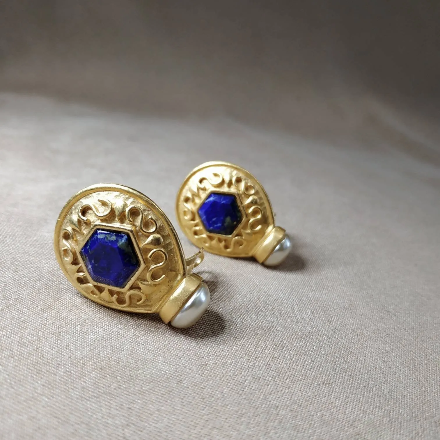 Lapis pearl Earrings by Rima Ariss Green Clip On Gold