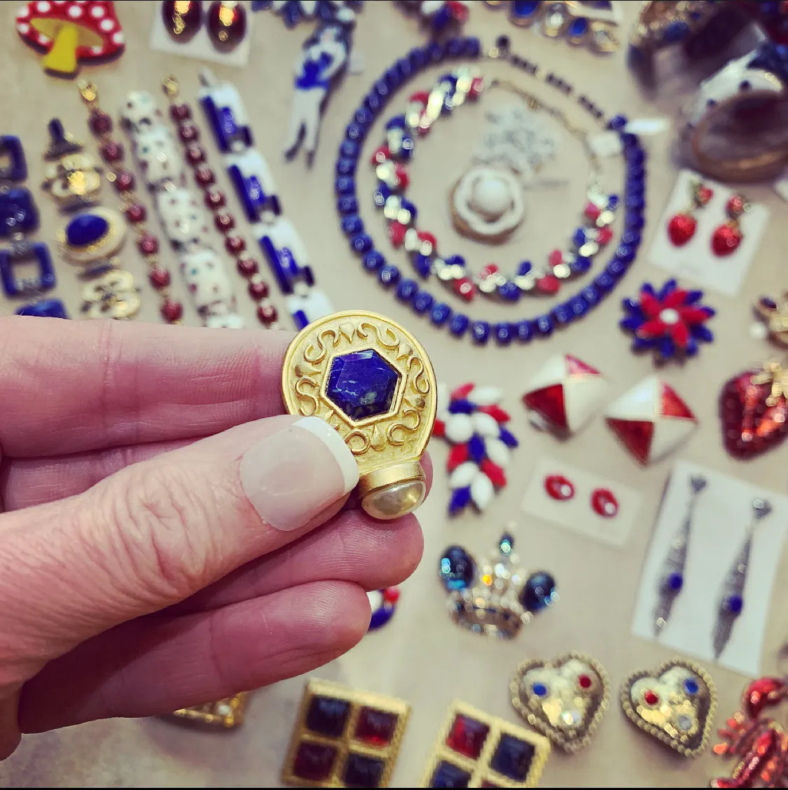 Lapis pearl Earrings by Rima Ariss Green Clip On Gold