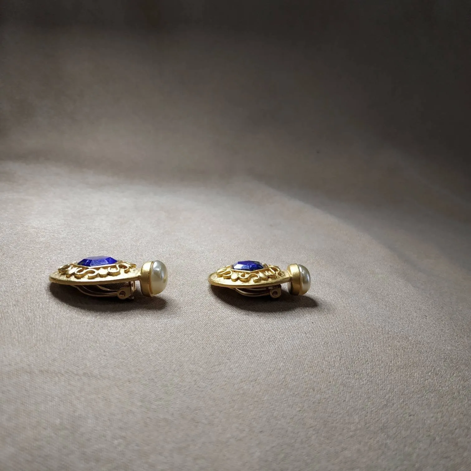 Lapis pearl Earrings by Rima Ariss Green Clip On Gold