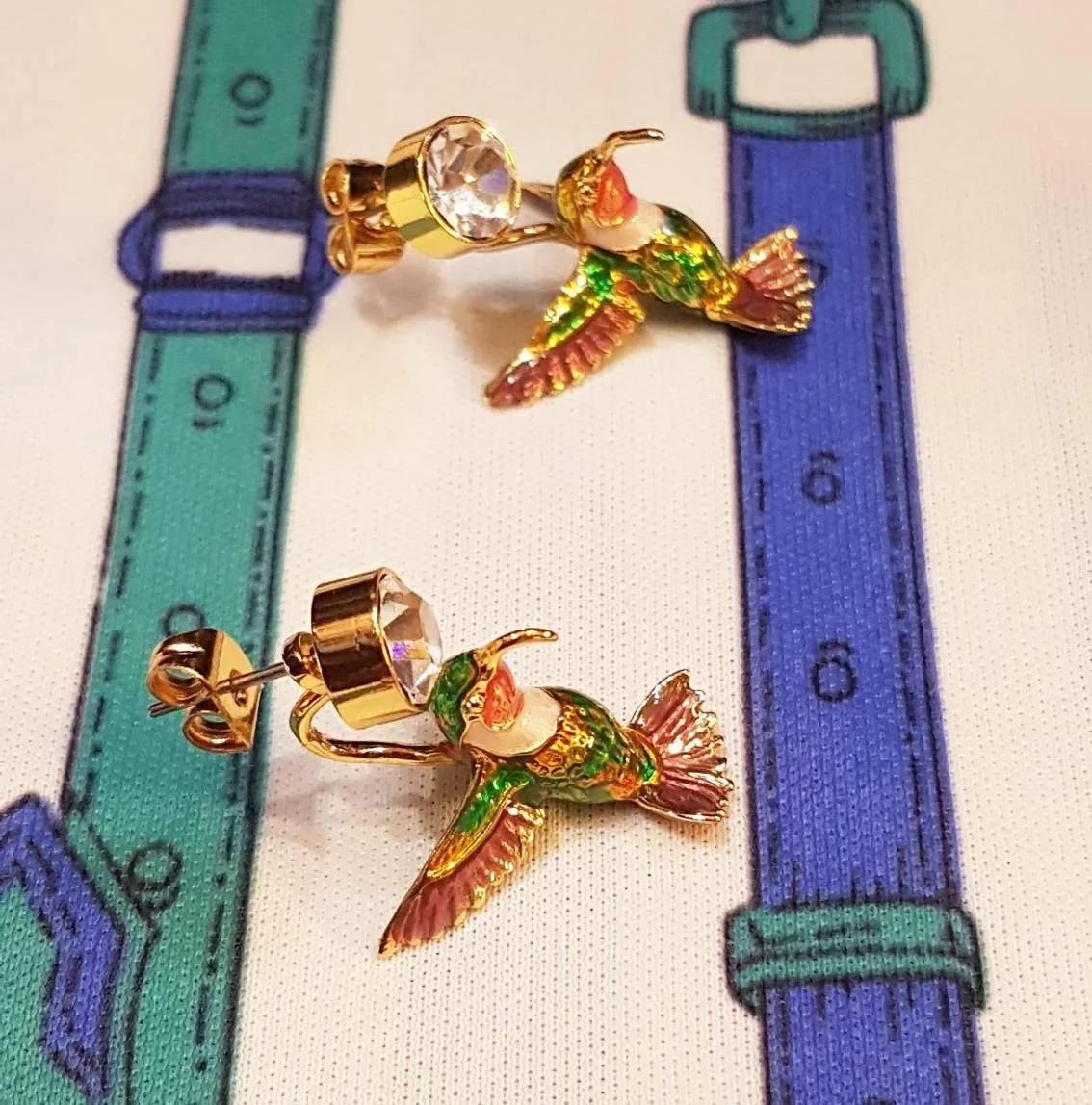 Light Enamel Hummingbird Earrings by Bill Skinner