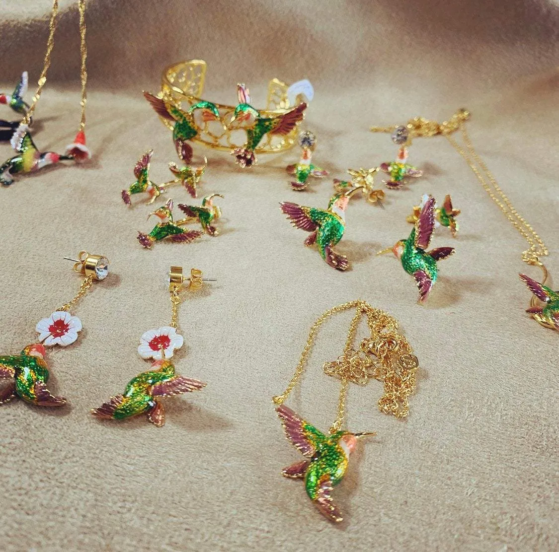 Light Enamel Hummingbird Earrings by Bill Skinner