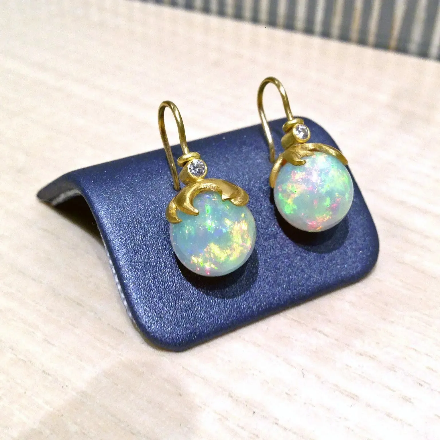 Lilly Fitzgerald Exceptional Hand-Carved Ethiopian Opal White Diamond Earrings