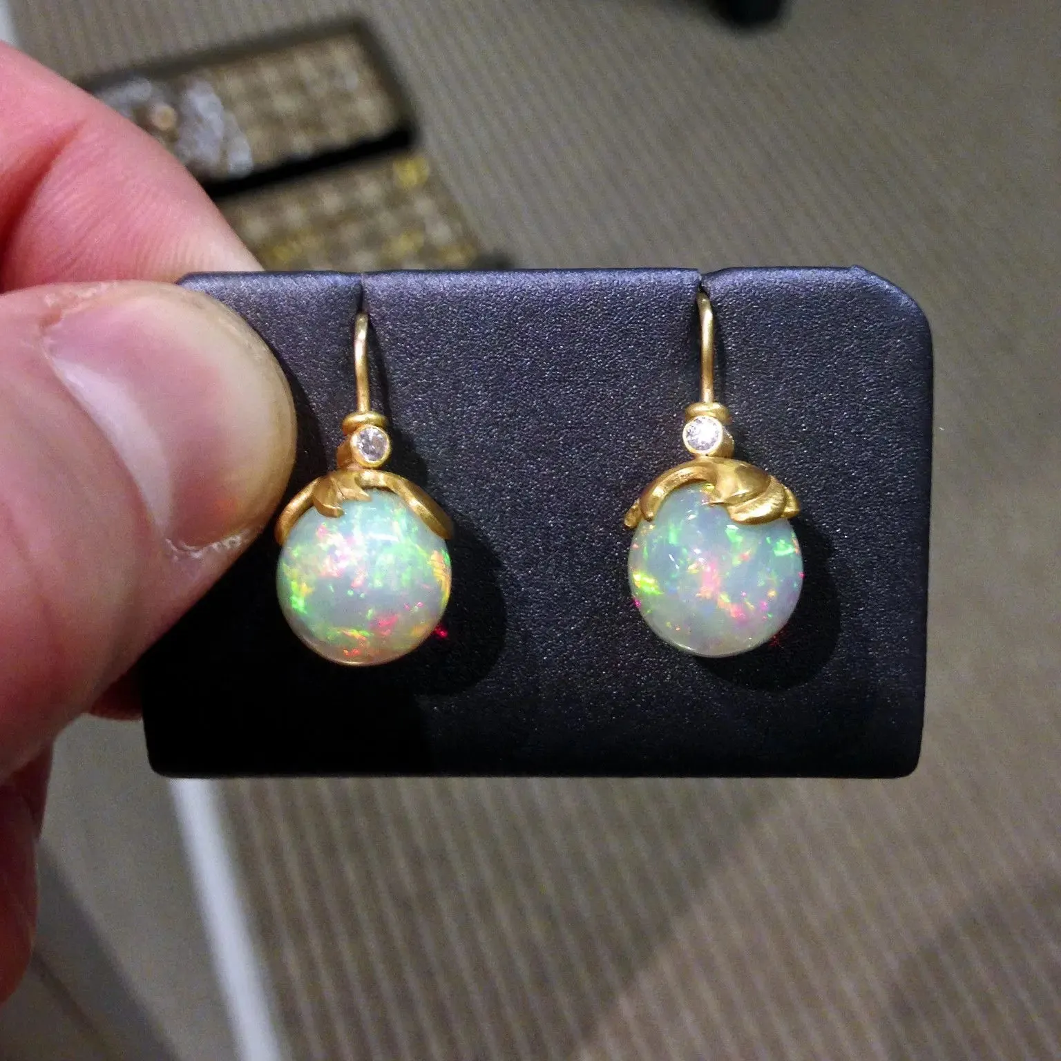 Lilly Fitzgerald Exceptional Hand-Carved Ethiopian Opal White Diamond Earrings
