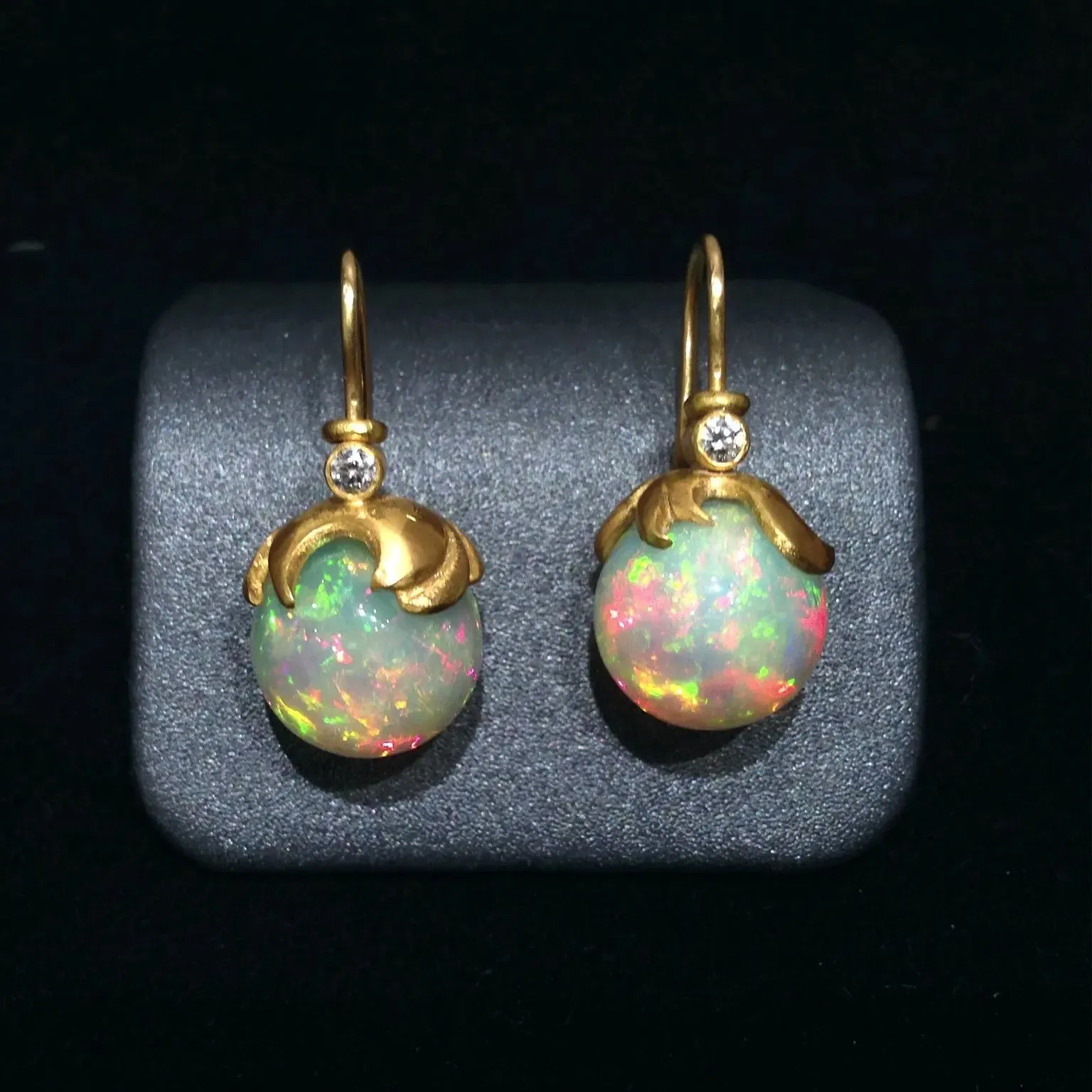 Lilly Fitzgerald Exceptional Hand-Carved Ethiopian Opal White Diamond Earrings