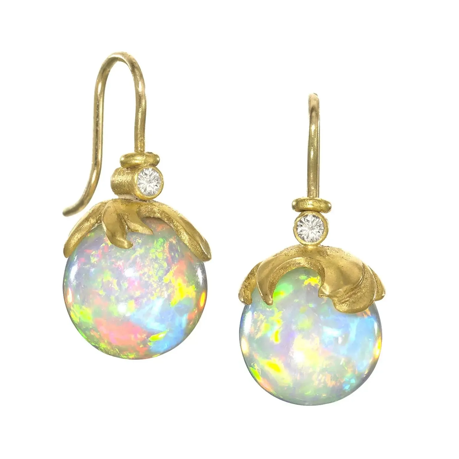 Lilly Fitzgerald Exceptional Hand-Carved Ethiopian Opal White Diamond Earrings