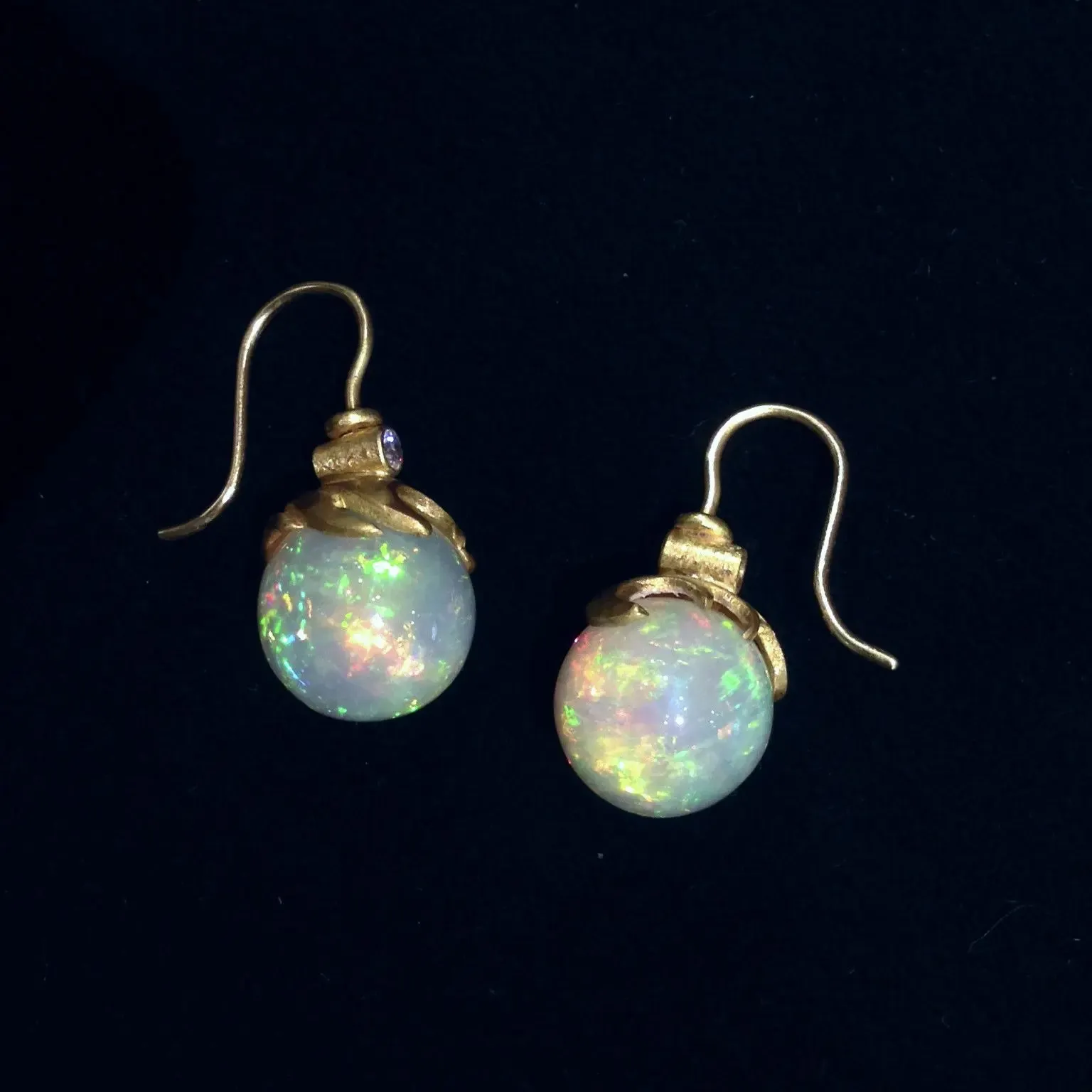 Lilly Fitzgerald Exceptional Hand-Carved Ethiopian Opal White Diamond Earrings