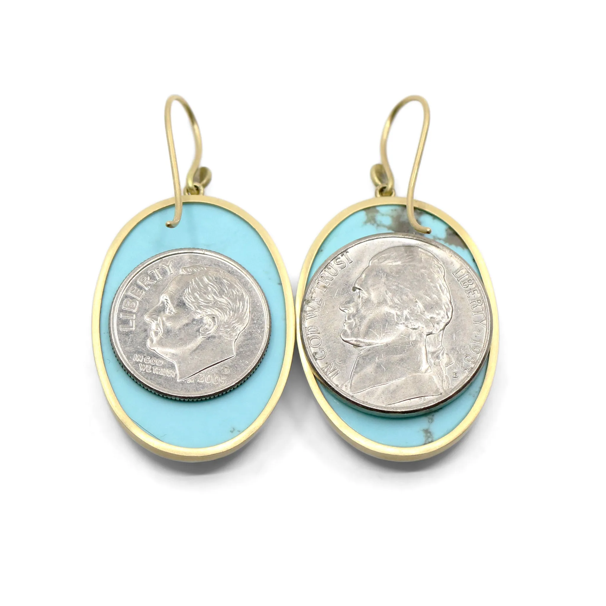 Lola Brooks Large Turquoise Oval One of a Kind Gold Dangle Drop Earrings