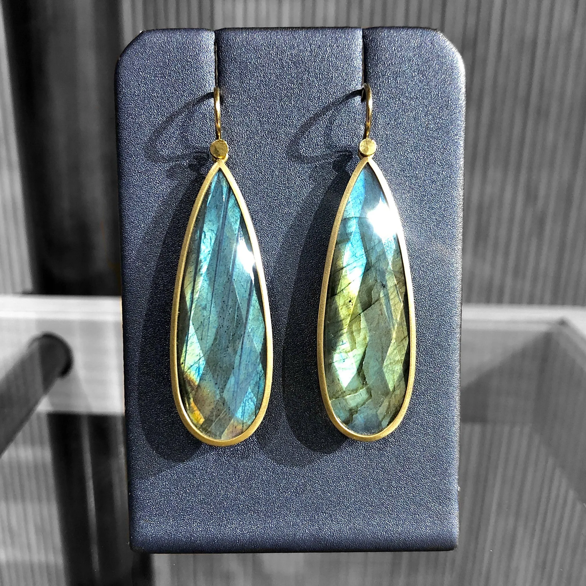 Lola Brooks One of a Kind Faceted Labradorite Long Gold Drop Earrings