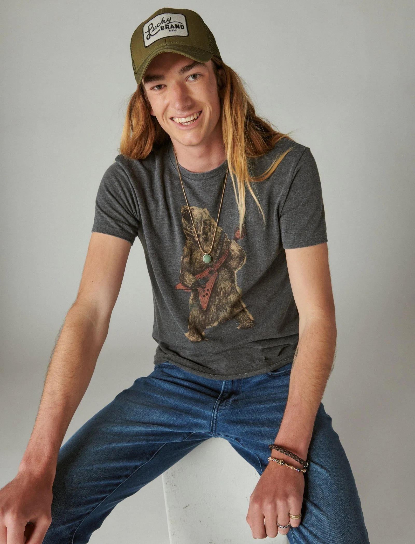 Lucky Brand Rocker Bear Graphic Tee Jet Black Lucky Brand