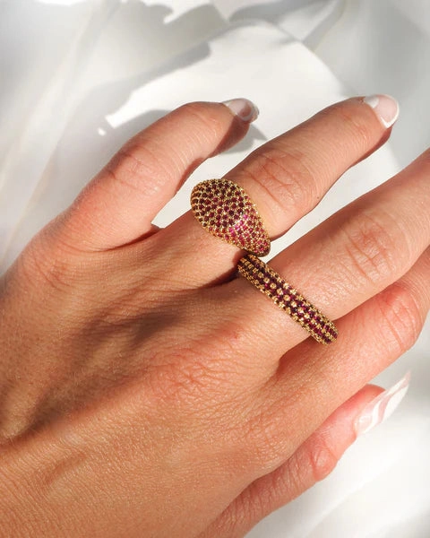 Luv AJ Pave Signet Ring Gold Ruby Red
