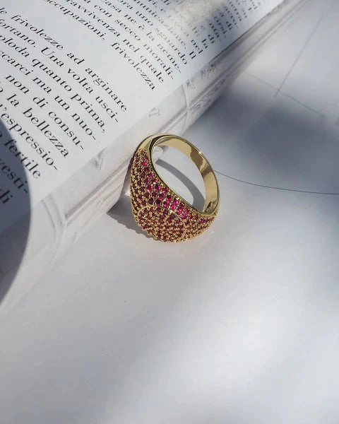 Luv AJ Pave Signet Ring Gold Ruby Red