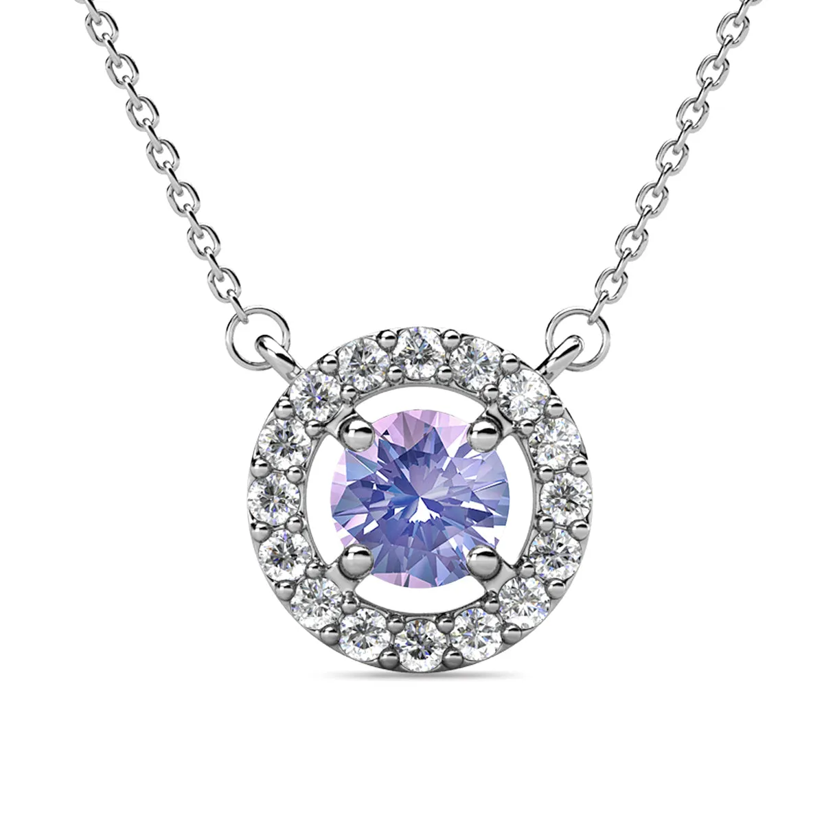 Luxe Swarovski Jewelry Royal Birthstone 18k White Gold Plated Halo Necklace with Round Cut Swarovski Crystals