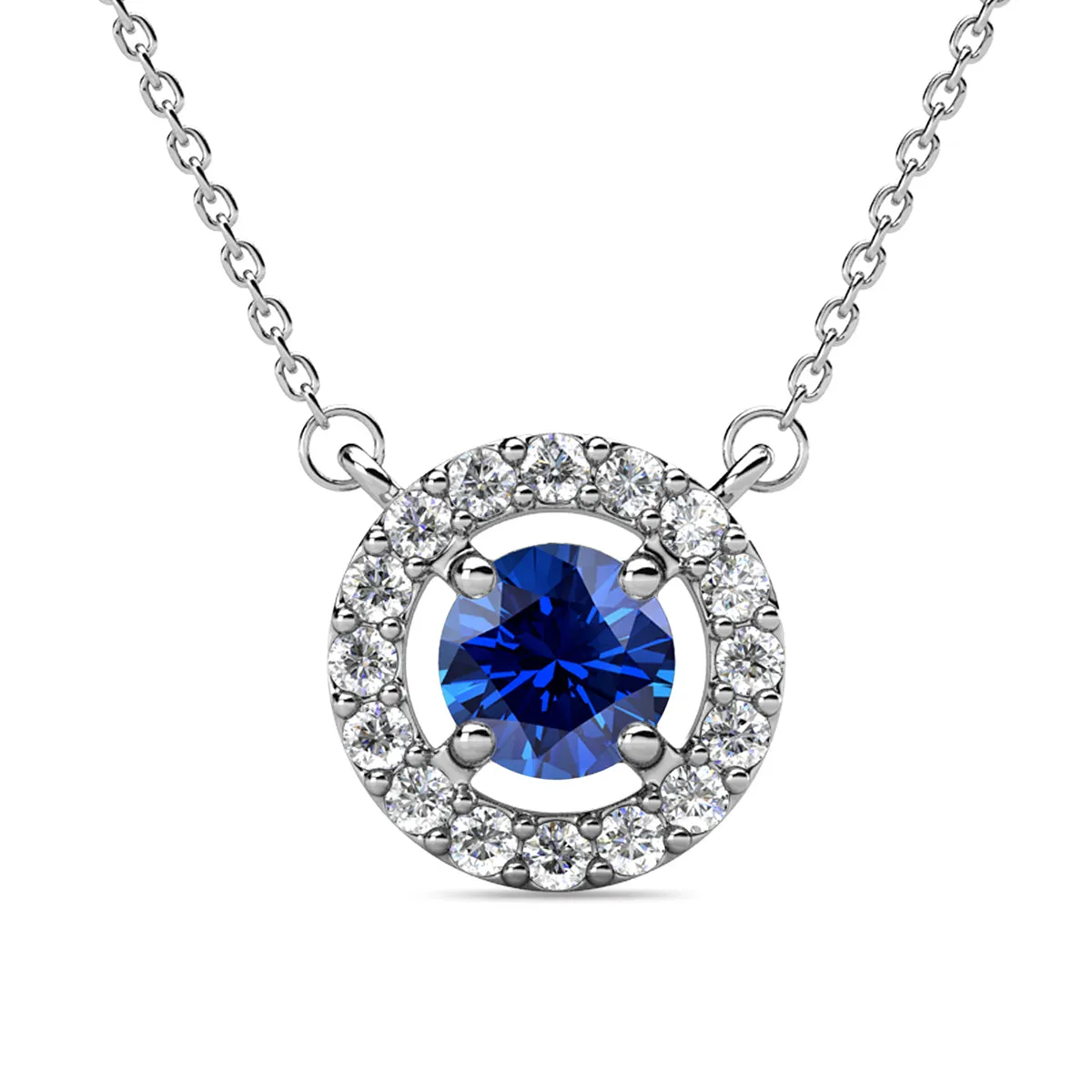 Luxe Swarovski Jewelry Royal Birthstone 18k White Gold Plated Halo Necklace with Round Cut Swarovski Crystals