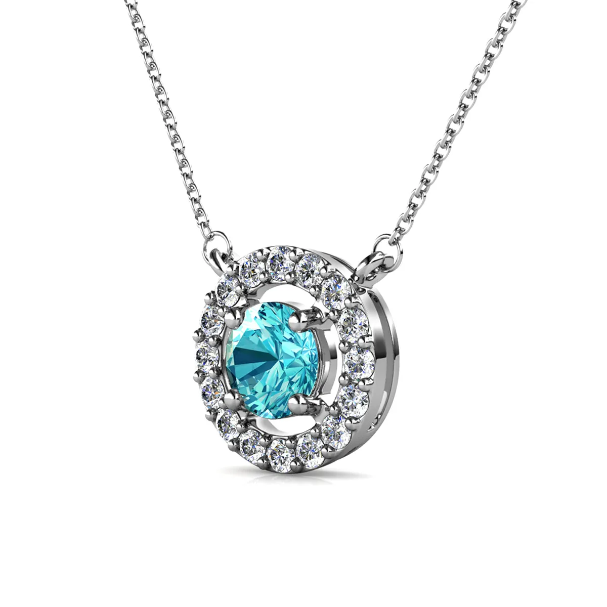 Luxe Swarovski Jewelry Royal Birthstone 18k White Gold Plated Halo Necklace with Round Cut Swarovski Crystals