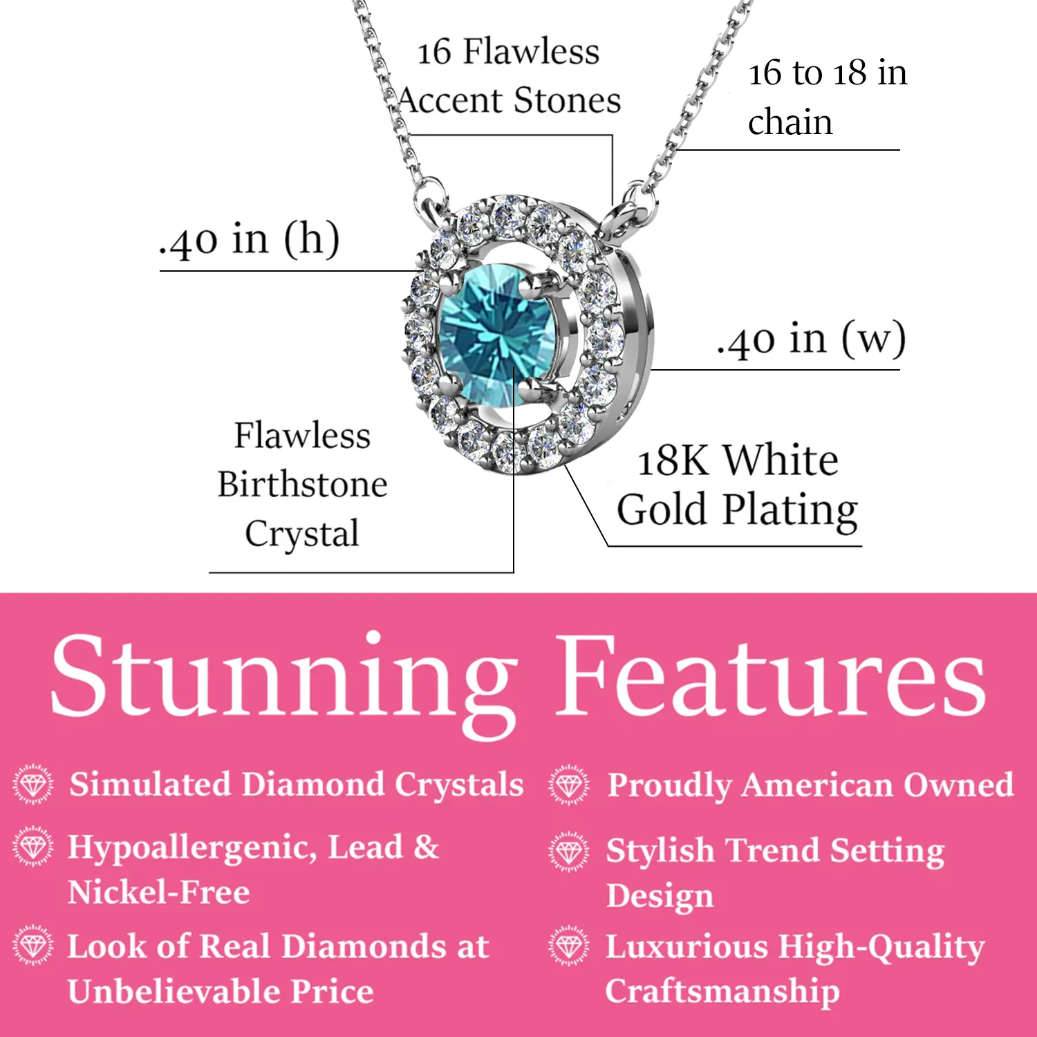 Luxe Swarovski Jewelry Royal Birthstone 18k White Gold Plated Halo Necklace with Round Cut Swarovski Crystals