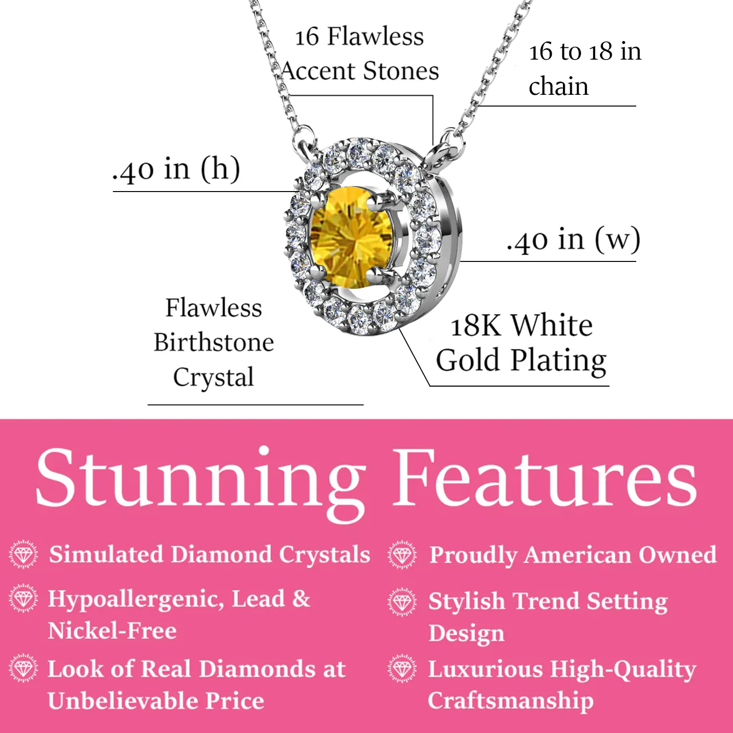 Luxe Swarovski Jewelry Royal Birthstone 18k White Gold Plated Halo Necklace with Round Cut Swarovski Crystals